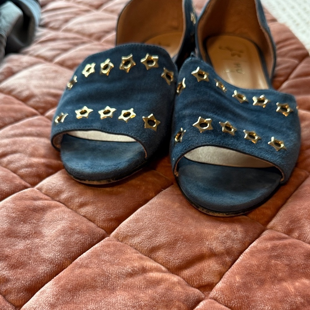 French Sole Suede Blue Flats with Gold Star Accents - Picture 2 of 5